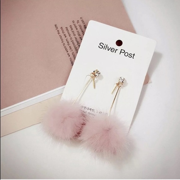 Justine’s Chic Boutique Jewelry - Dangle Pink Faux-Mink Furry Pom Pom Earrings